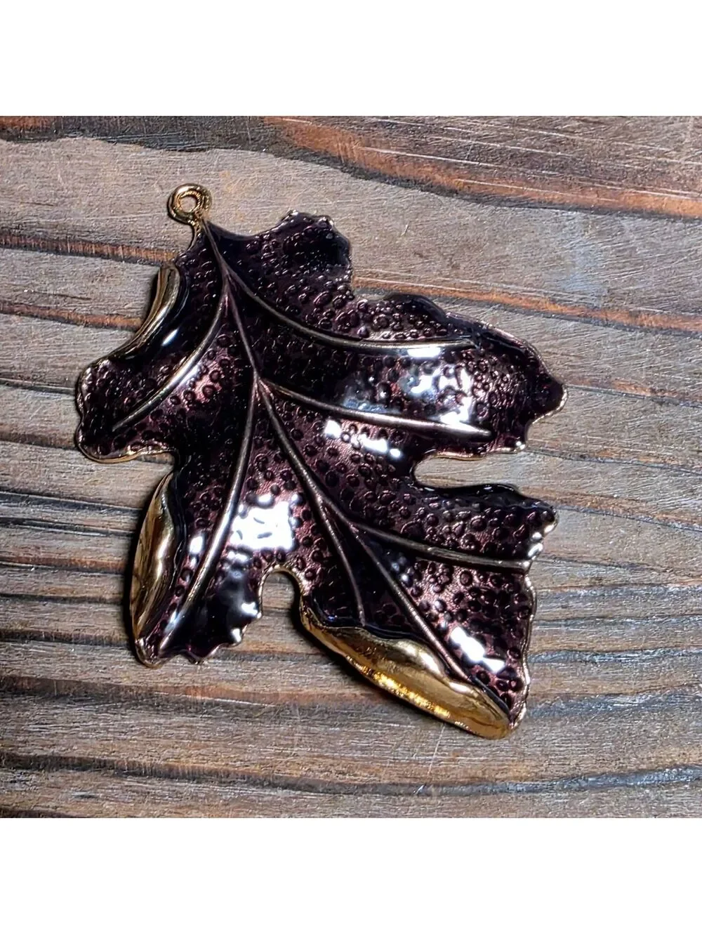 Coppery Brown Enamel on Gold Tone Alloy 3D Textured Large Autumn Leaf Pendant